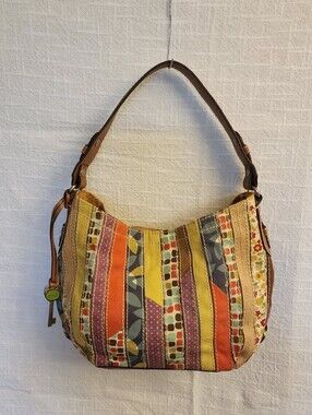 Fossil Patchwork Shoulder Bag Canvas/ Leather  Abbot Boho Bright Hippie A434